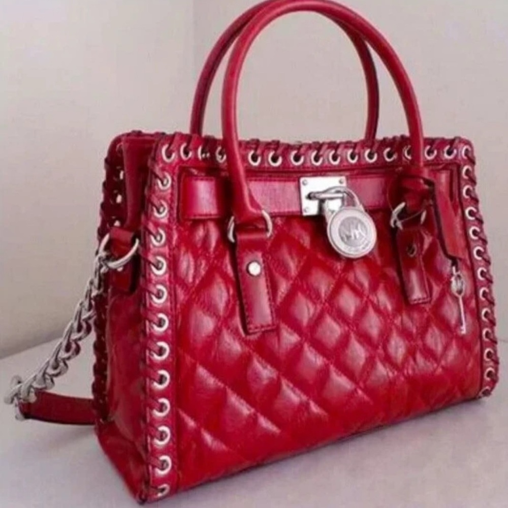 Michael Kors Hippie Grommet Red Quilted Satchel Bag with Silver Details